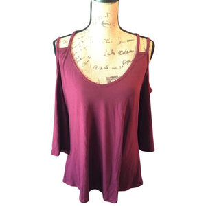 FISoul 3/4 Sleeves Cold Shoulder Top Size XL Burgundy